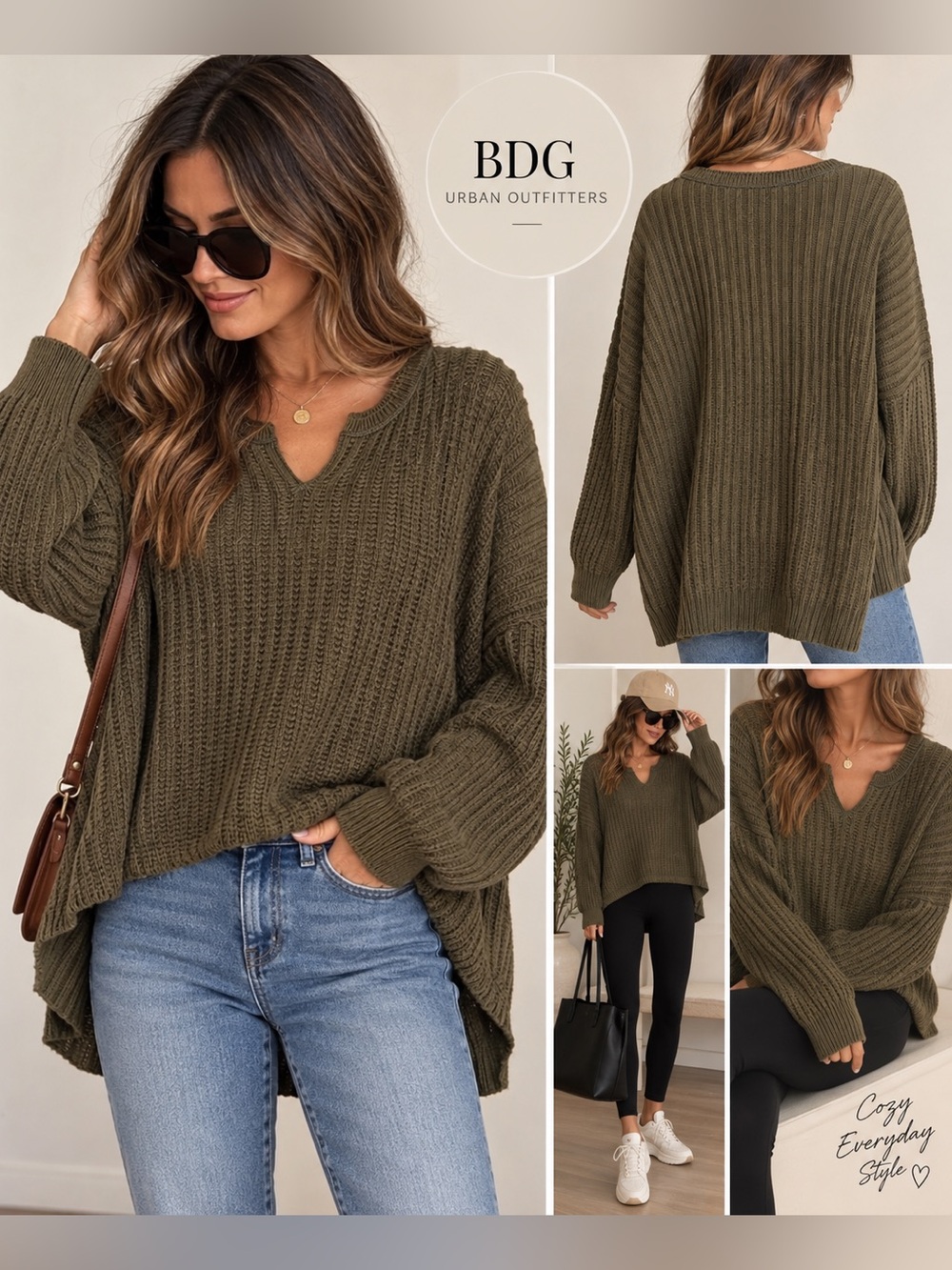 BDG Olive Green Oversized Ribbed Knit High Low Sweater Small